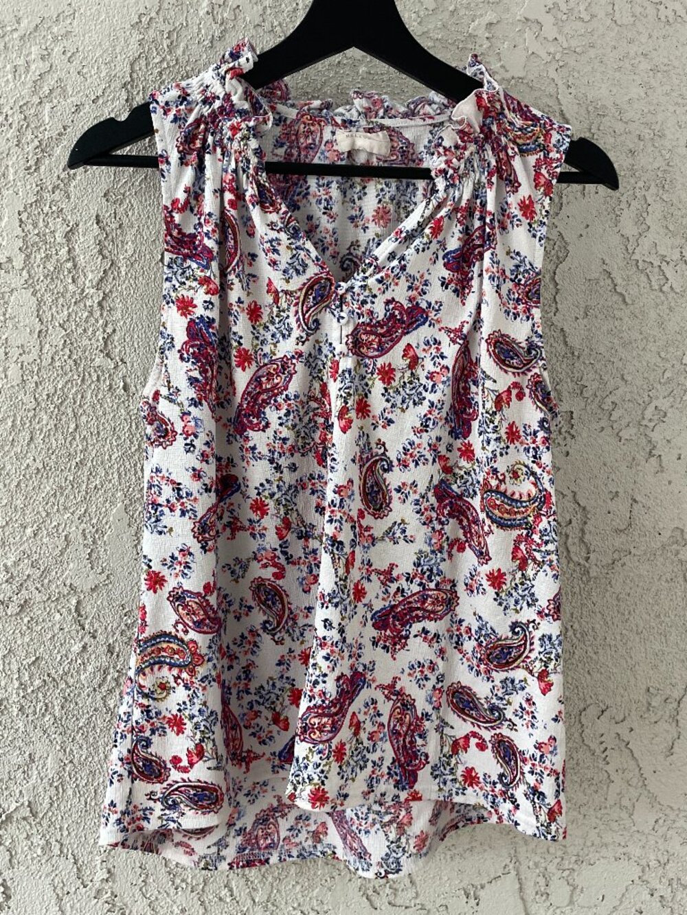 Paisley Boho Ruffle Neck Blouse L Red Blue Floral Spring 2026 Trend Crepe Top